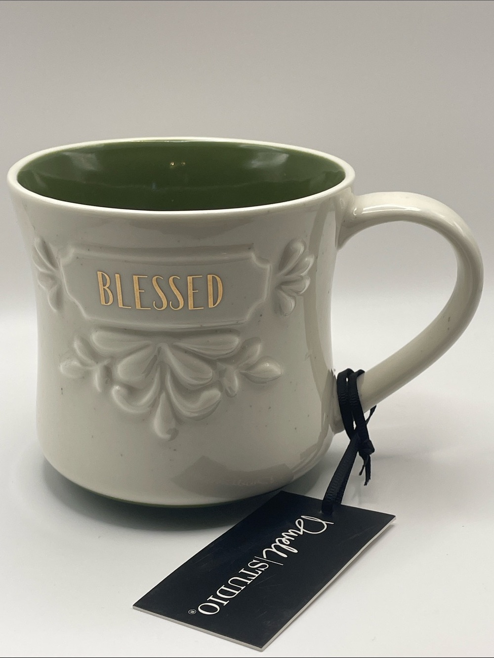Dwell Studio Ceramic Coffee Mug Embossed Floral “BLESSED” Speckled Background